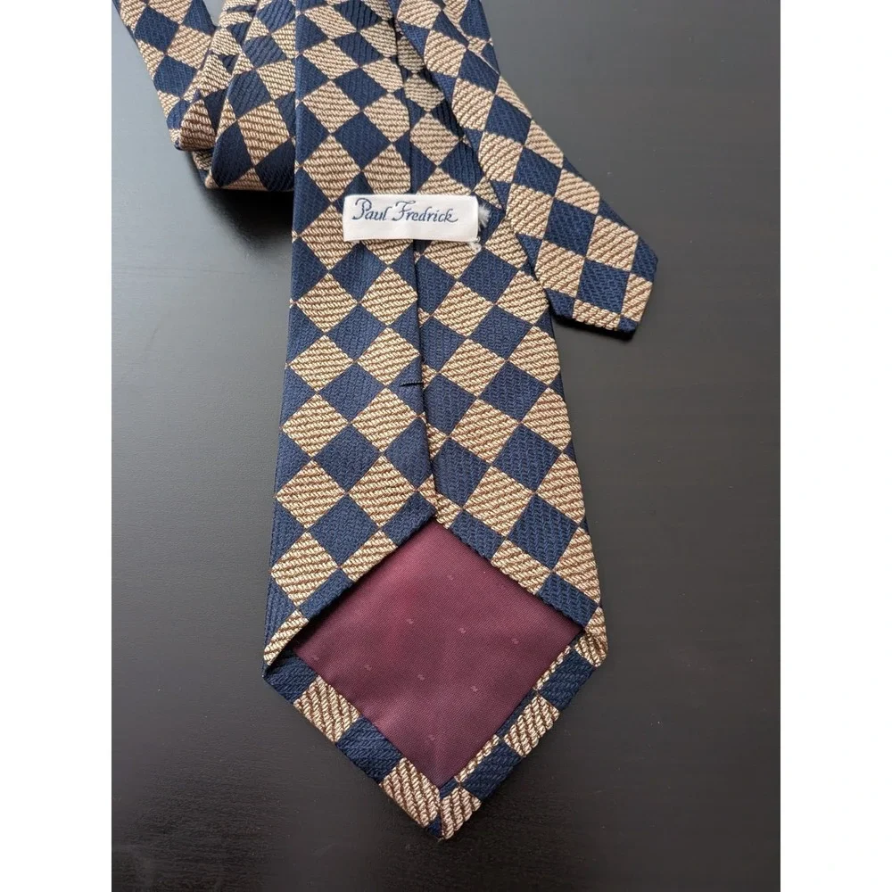 Paul Frederick Tie Italian Silk USA Made‎ Blue Beige Diamonds Jacquard 58